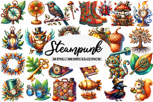 Watercolor Steampunk Autumn Clipart, an Illustration by Daily.Designs