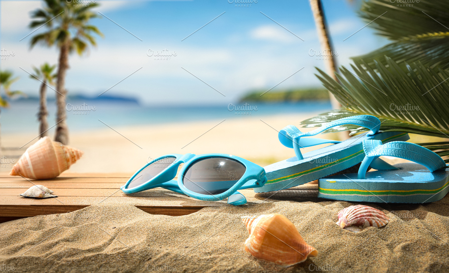 Blue Flip Flops and Sunglasses on Beach, a Holiday Photo by Davizro's Market