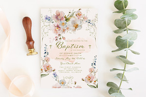 Peach Floral Baptism Invitation Card