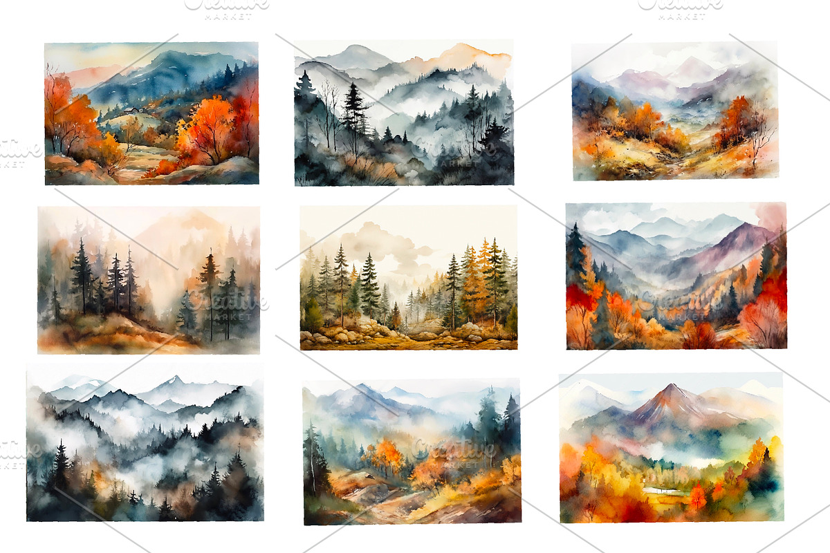Trees and mountains,watercolor, an Object Illustration by AkvarelRiver (Photo 3 of 6)