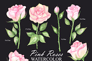 Watercolor pink roses and leaves, an Illustration by OlDm_Shop (Thumbnail 3 of 10)