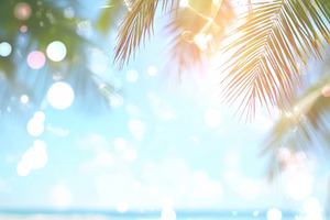 Blurred holidays background of exotic beach with palm leaves and, a Photo by Dvoevnore photos
