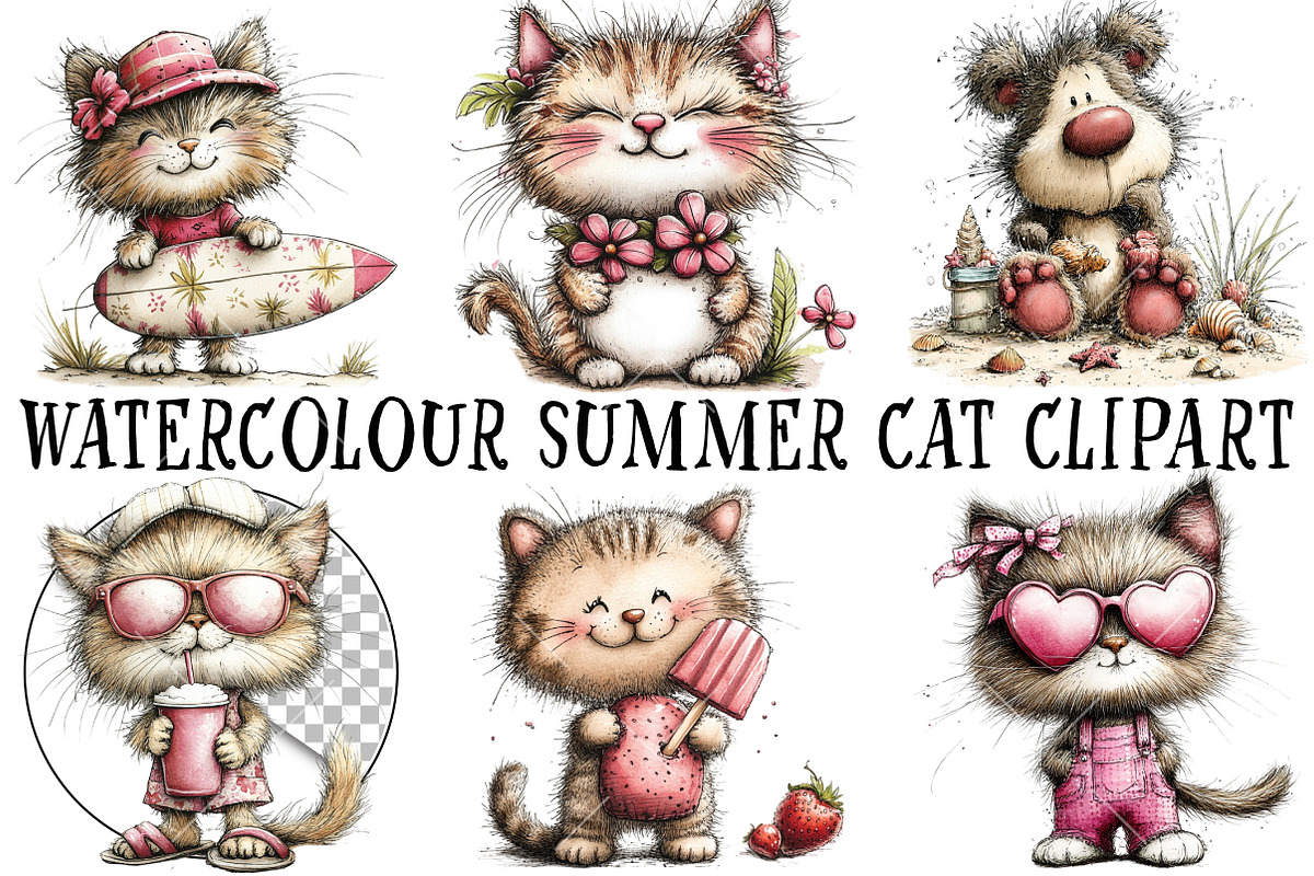Watercolour Summer Cat Clipart, an Illustration by OK Design (Photo 2 of 6)