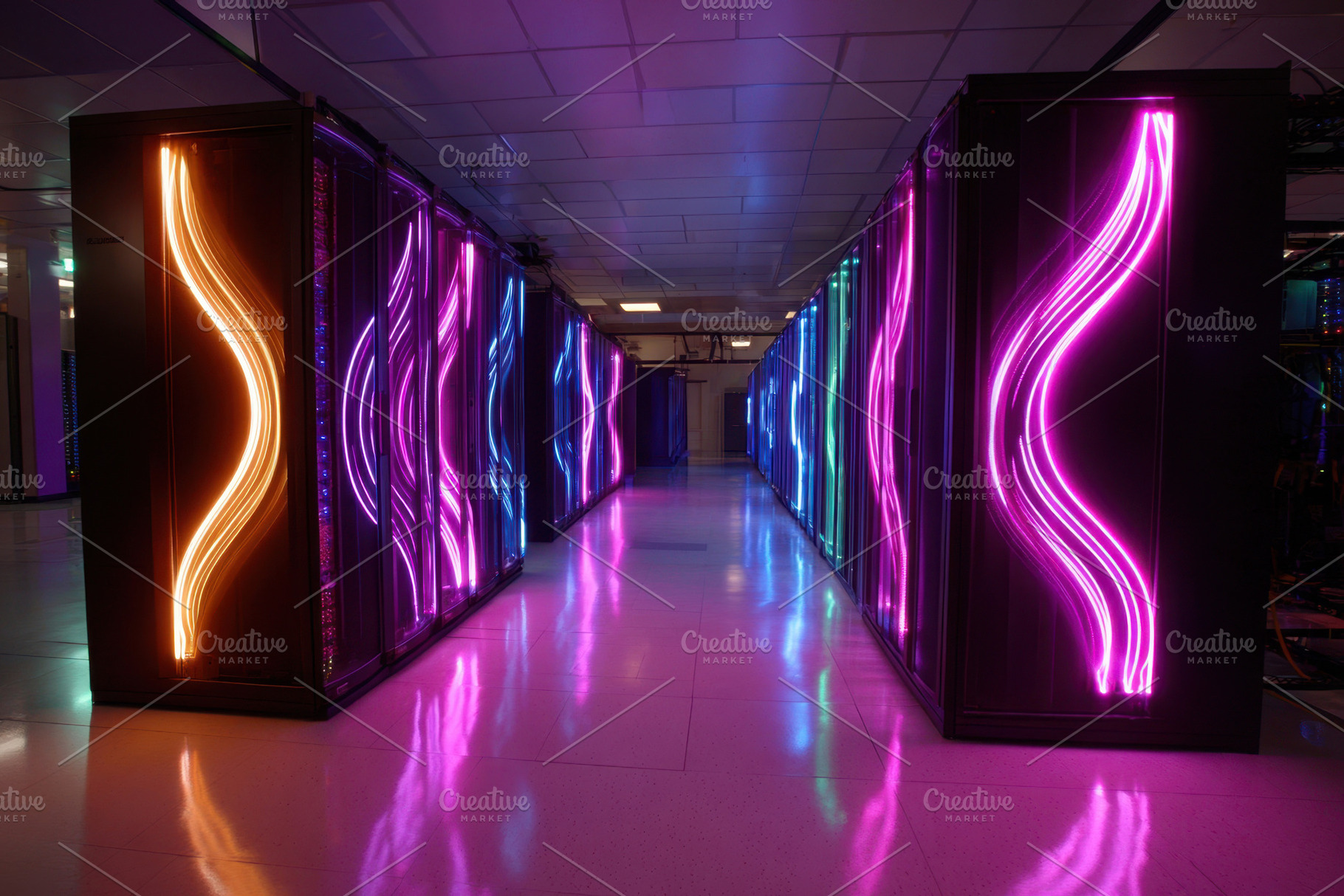 Row of black computer servers in a data center with glowing lighting, a Technology Photo by AlyaAnd