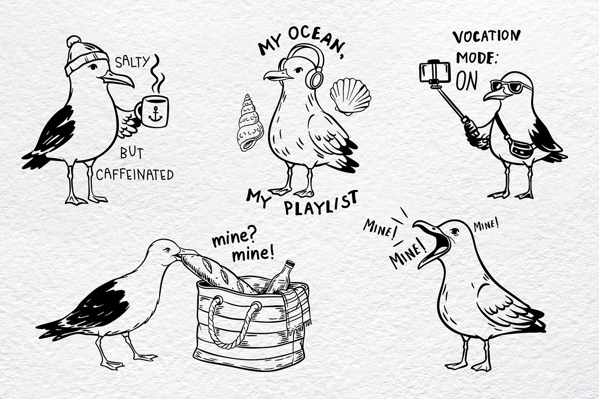Funny Seagulls Hand-Drawn Beach, an Object Graphic by Watercolor dreams (Photo 2 of 3)
