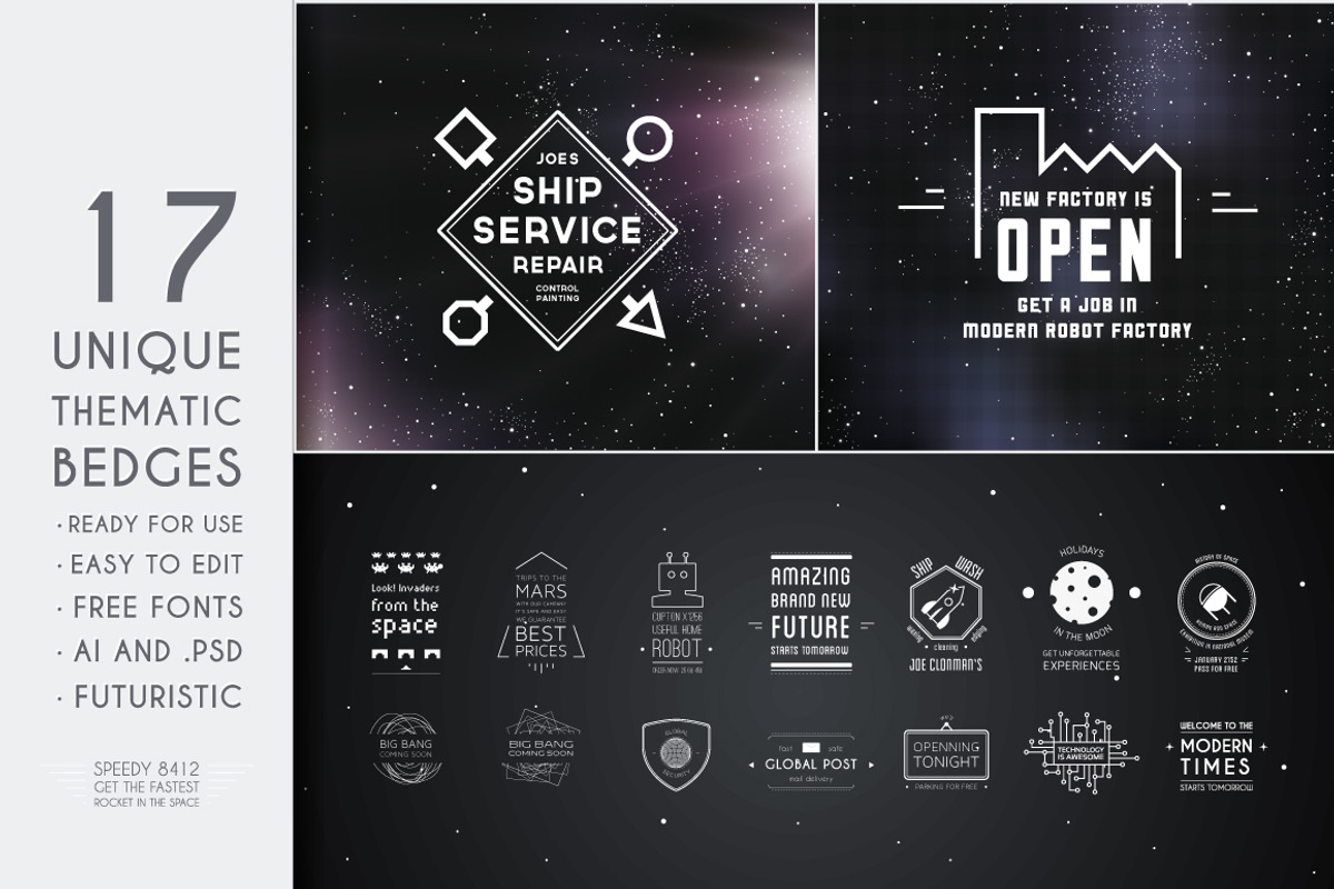 Retro-futuristic badges and supplyes preview 2