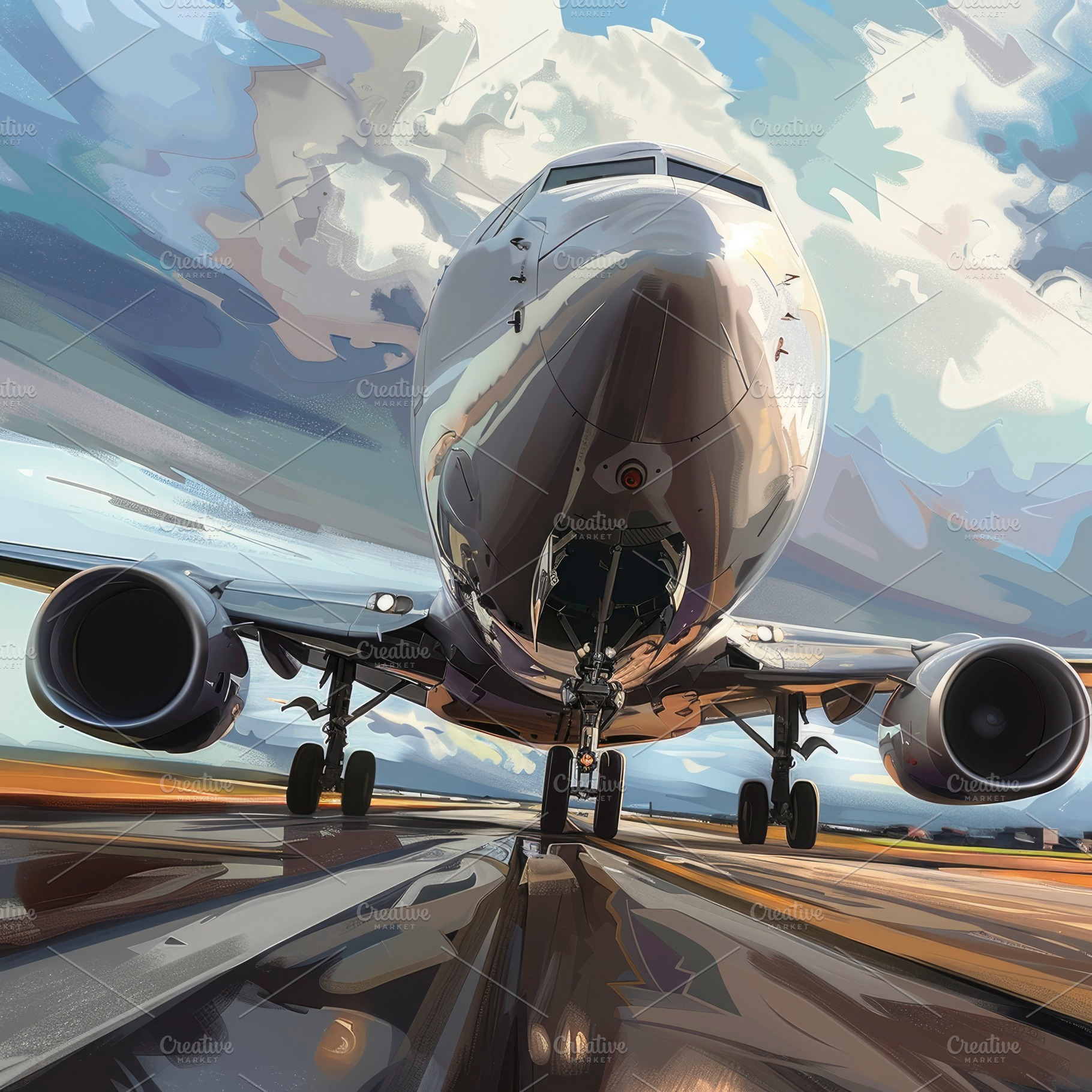 Front view of an airplane on the run, a Photo by LOGOCREATIVE