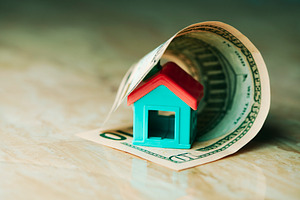 a toy house enclosed by a rolled dollar bill, a Photo by Nito