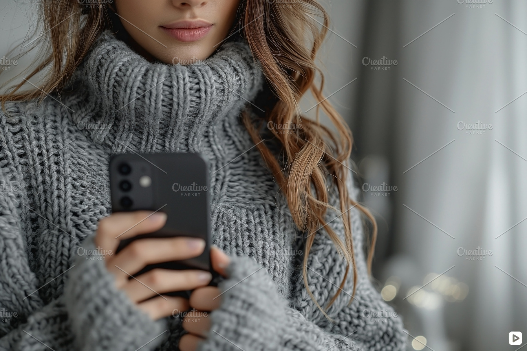 Young Caucasian woman in a cozy sweater holds a smartphone, embodying comfort a, a Person Photo by ImageMir