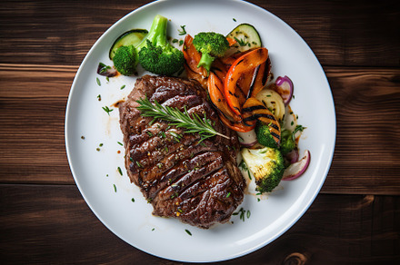 Grilled meat steak with vegetables in plate on brown wooden background, a Photo by AlyaAnd
