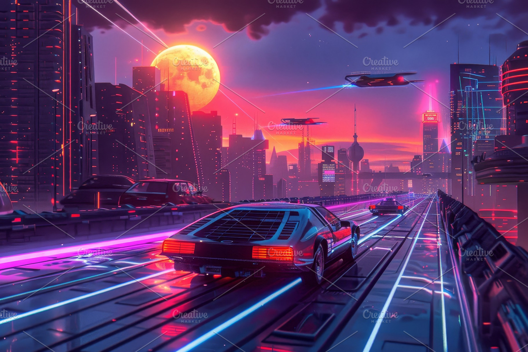 A car races down a neon-lit city str, a Photo by Iftikhar Alam