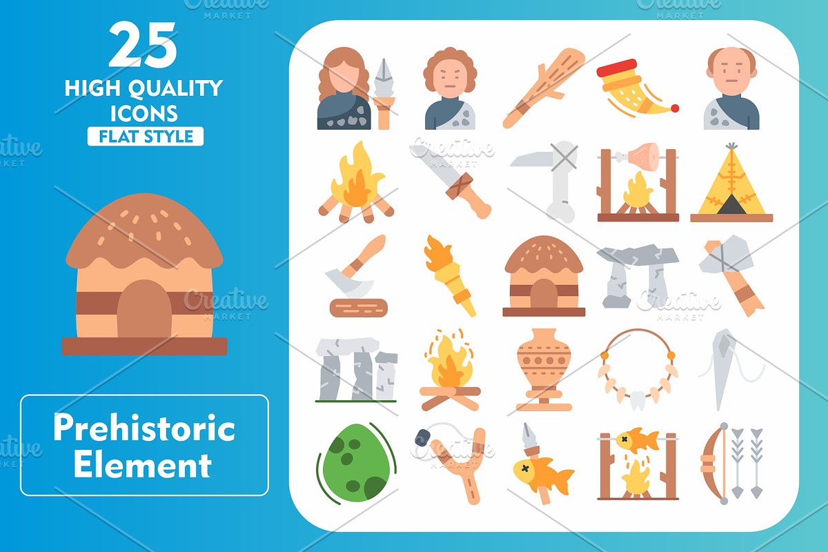 25 Prehistoric Element Flat Icons, an Icon by Pexelpy