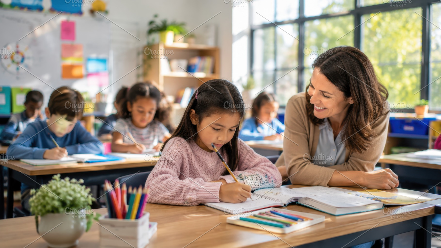 Teacher helps student in classroom, a Photo by Beautiful things