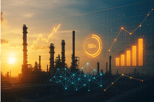 Industrial refinery at sunset with, an Illustration by Sergey Kotenev