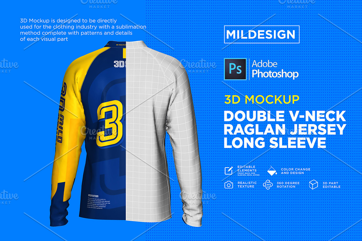 3D Double V-Neck Raglan Jersey LS, a Shirt Mockup by Mildstudio (Photo 6 of 8)