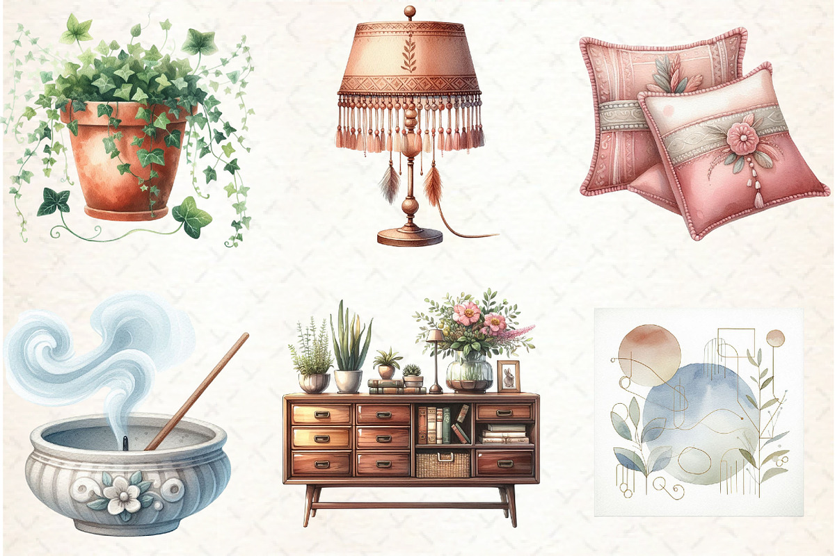 Watercolor Boho Interior Clipart, an Illustration by Libby Wishes (Photo 2 of 7)