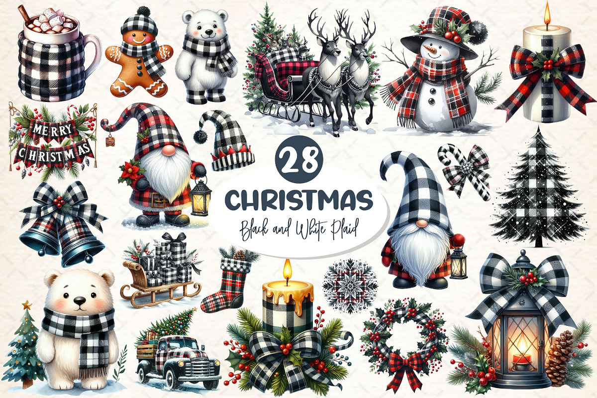 Black & White Plaid Christmas Bundle, a Work Illustration by Dream Creation (Photo 1 of 5)