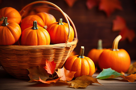 Orange pumpkins in basket with dry leaves on wooden background, a Photo by AlyaAnd