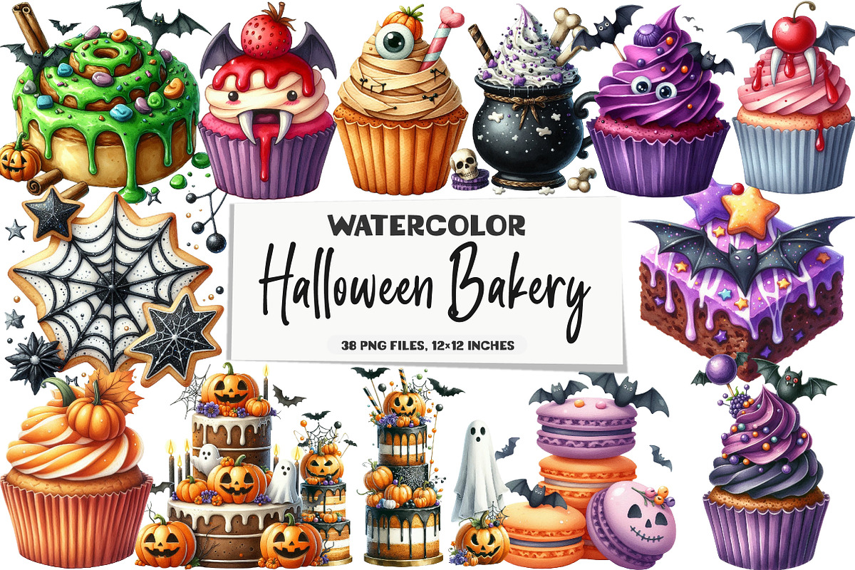 Watercolor Halloween Bakery PNG Bund, an Illustration by DreamArtGraphic (Photo 1 of 5)