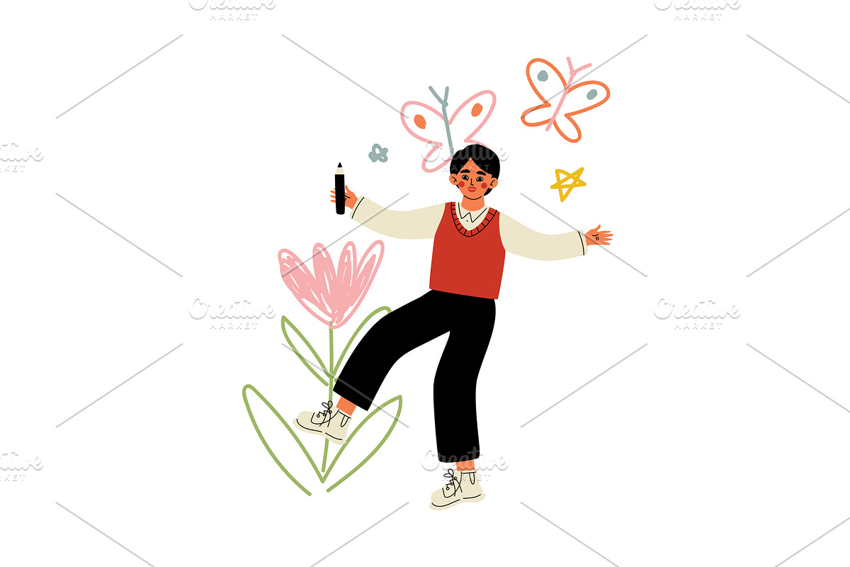 Cute Boy Drawing on Wall with Color, a Person Illustration by TopVectors