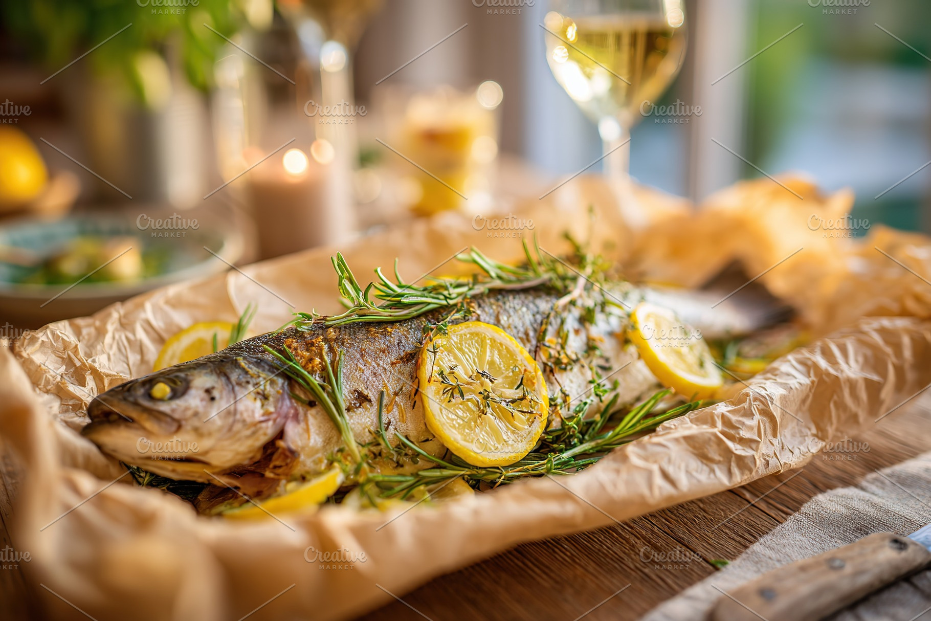 Fresh fish prepared with herbs and lemons in a cozy kitchen setting at sunset, a Photo by AlyaAnd