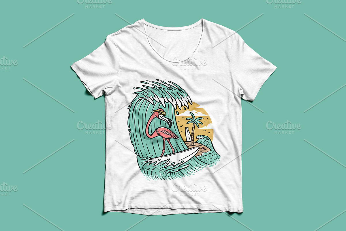 cute flamingo surfing the sea, an Animal Illustration by gunaonedesign (Photo 3 of 6)