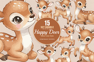 15 Bundle Watercolor Happy Deer Stag, an Animal Illustration by Morspective
