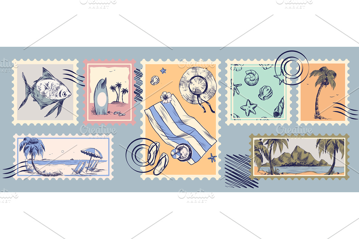 Vintage sketch beach postcards or, an Illustration by art PVP - market