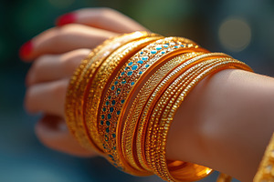 Golden Bangles: A stack of intricate, a Beauty & Fashion Photo by Pixeness Studio