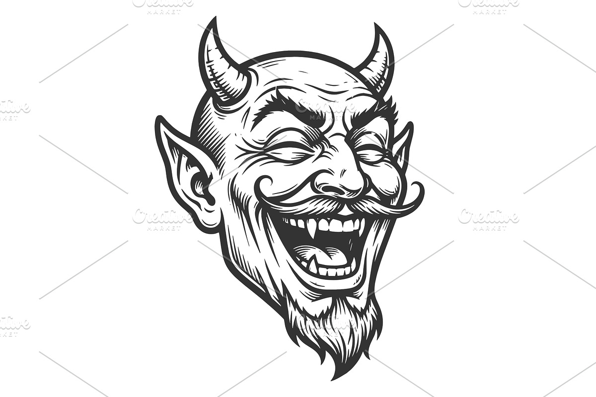 Laughing Devil Face With Horns, an Illustration by AlexArt