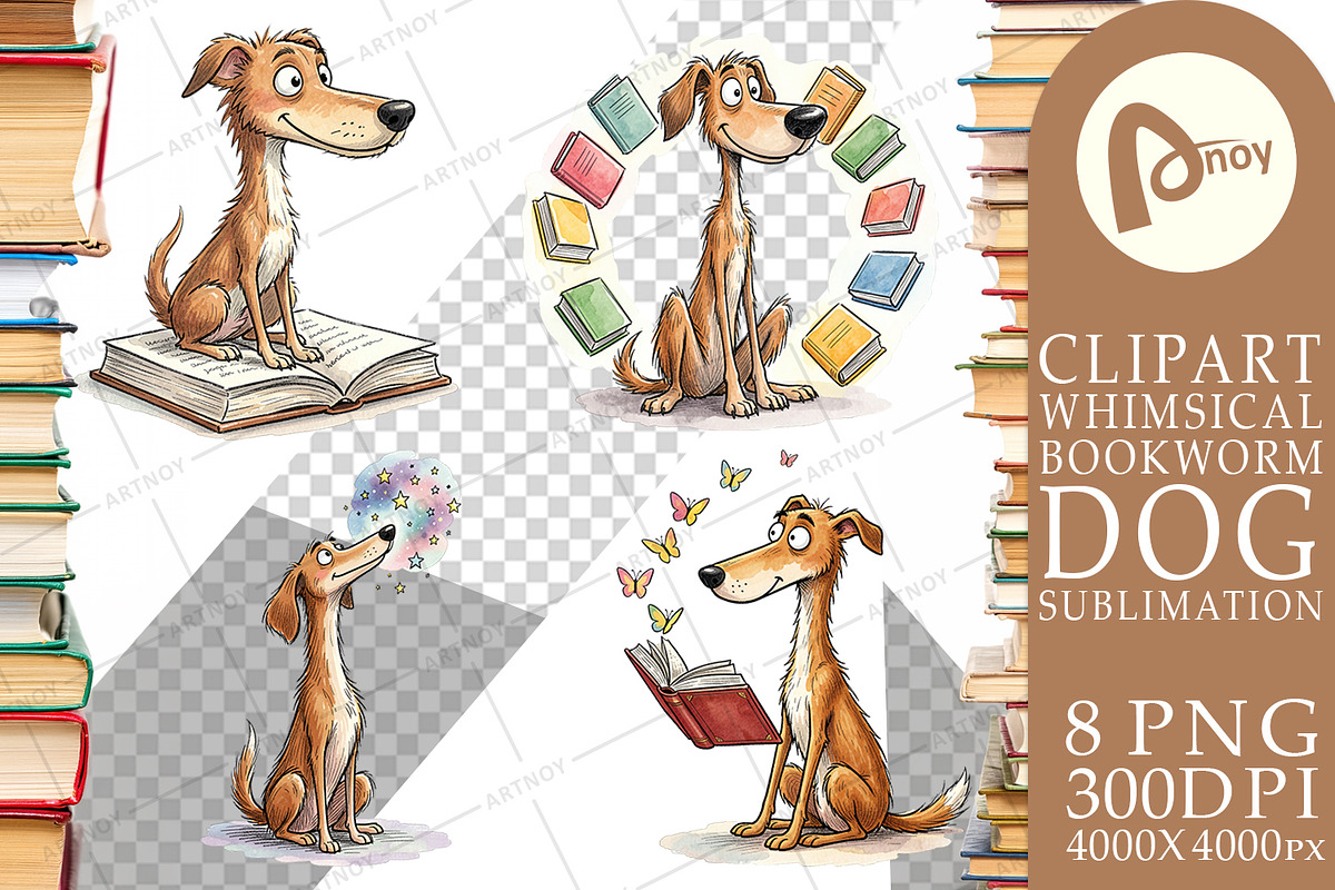 Bookworm Dog Sublimation PNG, an Animal Illustration by Artnoy (Photo 12 of 18)