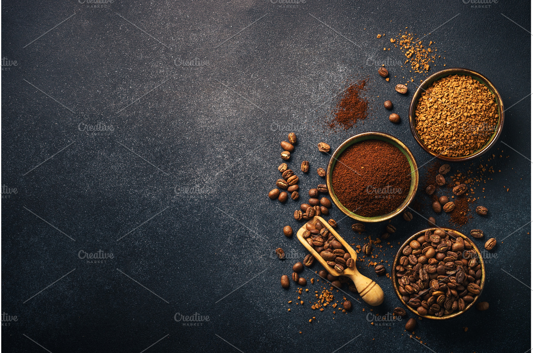 Roasted coffee beans, ground coffee, a Food & Drink Photo by Nadia-nb