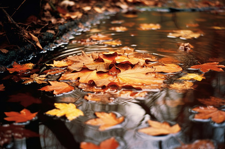 Autumn leaves in puddle. Fallen leaves. Generative AI, a Nature Photo by AlyaAnd