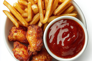 Fried chicken with fries and ketchup, a Food & Drink Photo by Pixeness Studio