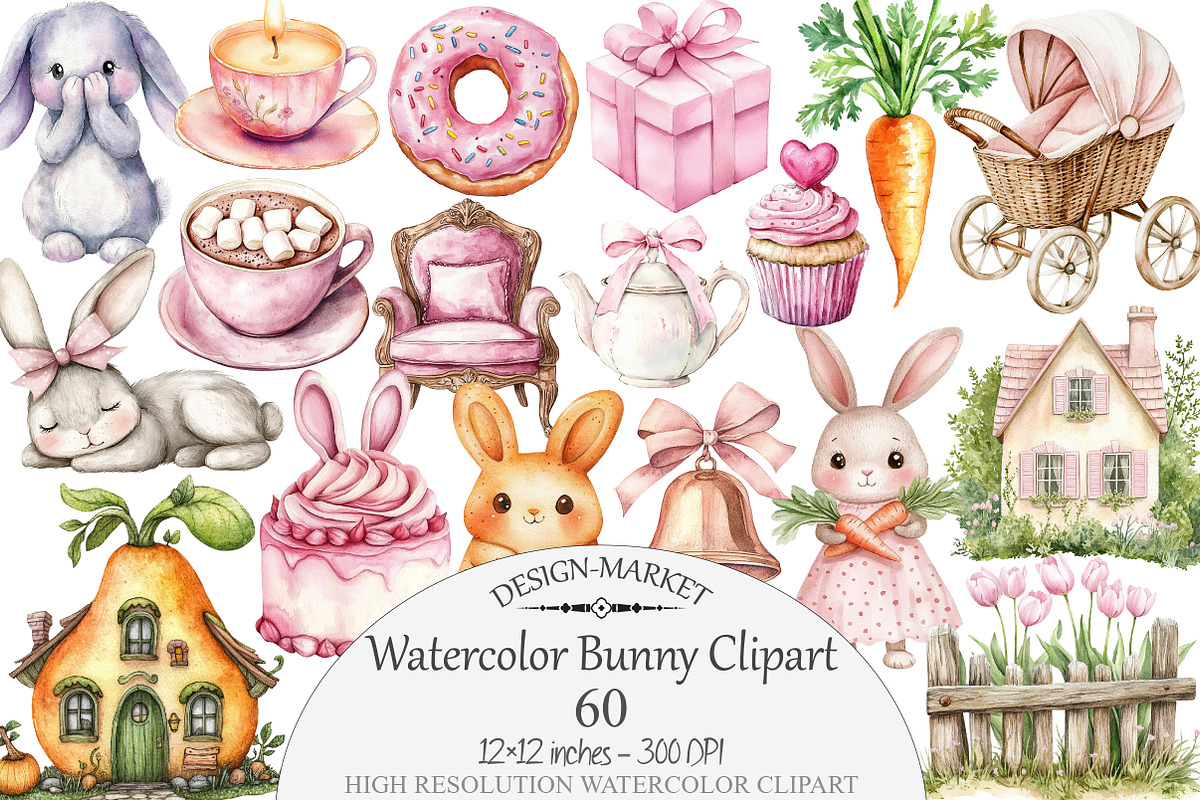 Watercolor Bunny Clipart, a Seasonal Illustration by Design Market (Photo 1 of 5)