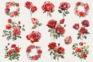 Red Roses Watercolor Clipart. AI