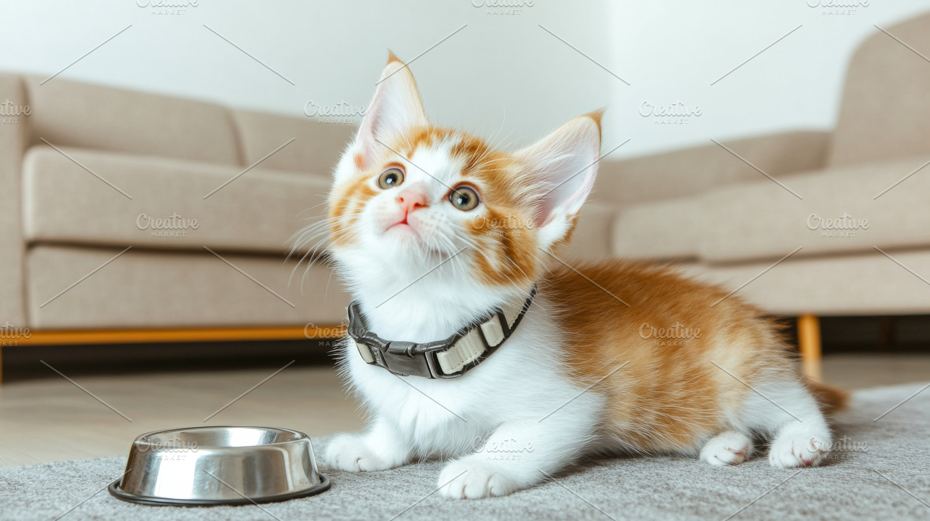 Hungry kitten with empty bowl lookin, a Photo by Dvoevnore photos