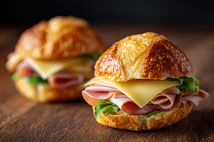 Brioche bun sandwiches stacked with layers of ham and cheese served on a wooden, a Food & Drink Photo by AlyaAnd
