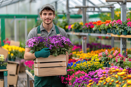 Young man with wooden crate gardening flowers in greenhouse, a Nature Photo by AlyaAnd