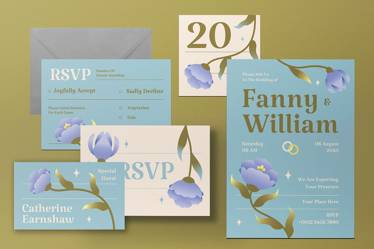 Blue Floral Wedding Set, an Invitation Template by graphicook (Photo 3 of 3)