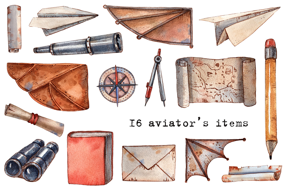 Aviators - Watercolor Clipart Set, a Texture Illustration by Mashamashastu (Photo 3 of 13)
