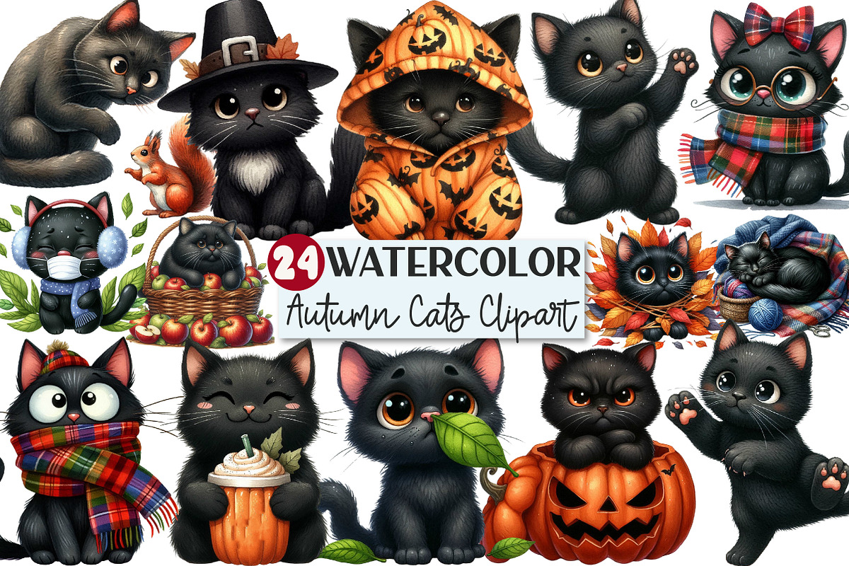 Funny Autumn Black Cat Clipart, an Illustration by Rose Art (Photo 1 of 7)