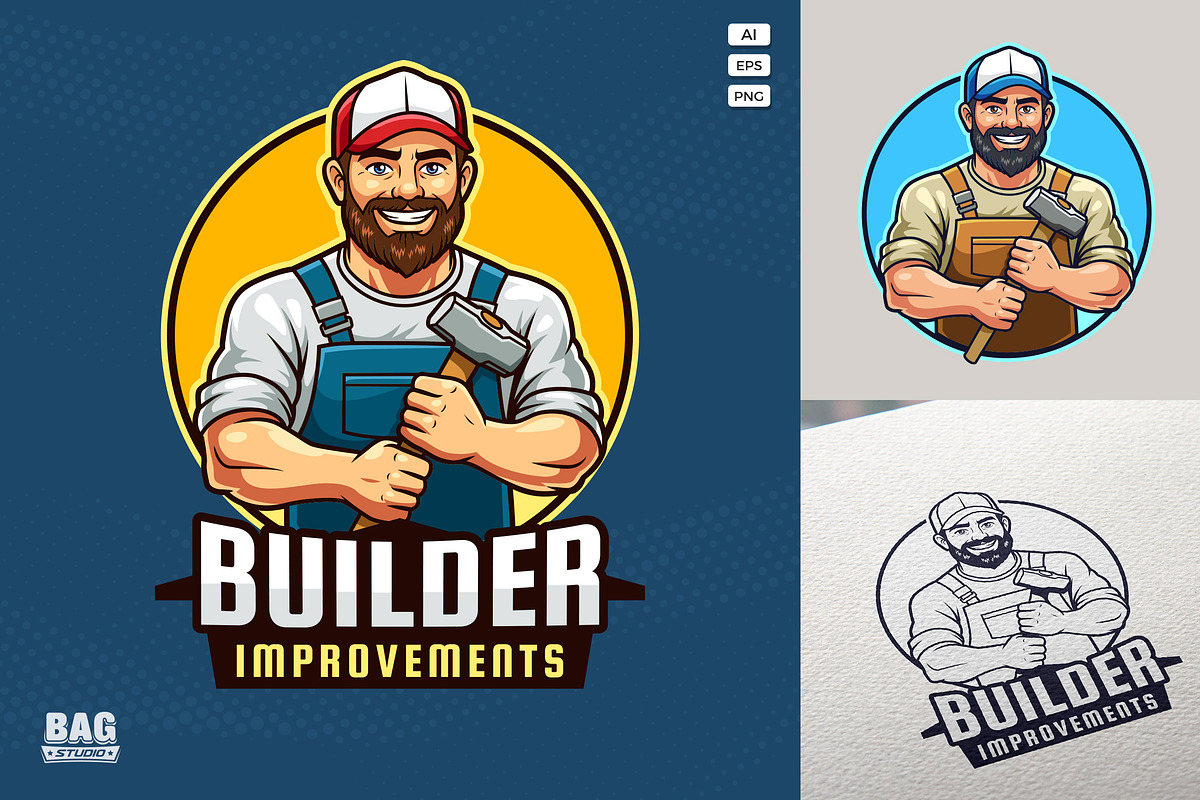 Construction Worker Mascot Logo, a Branding & Logo Template by Bagstudio Shop