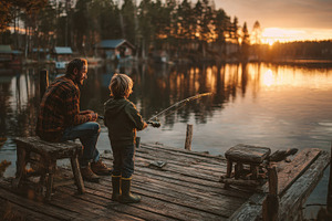 Father and son fishing at sunset on, a Photo by Pixeness Studio