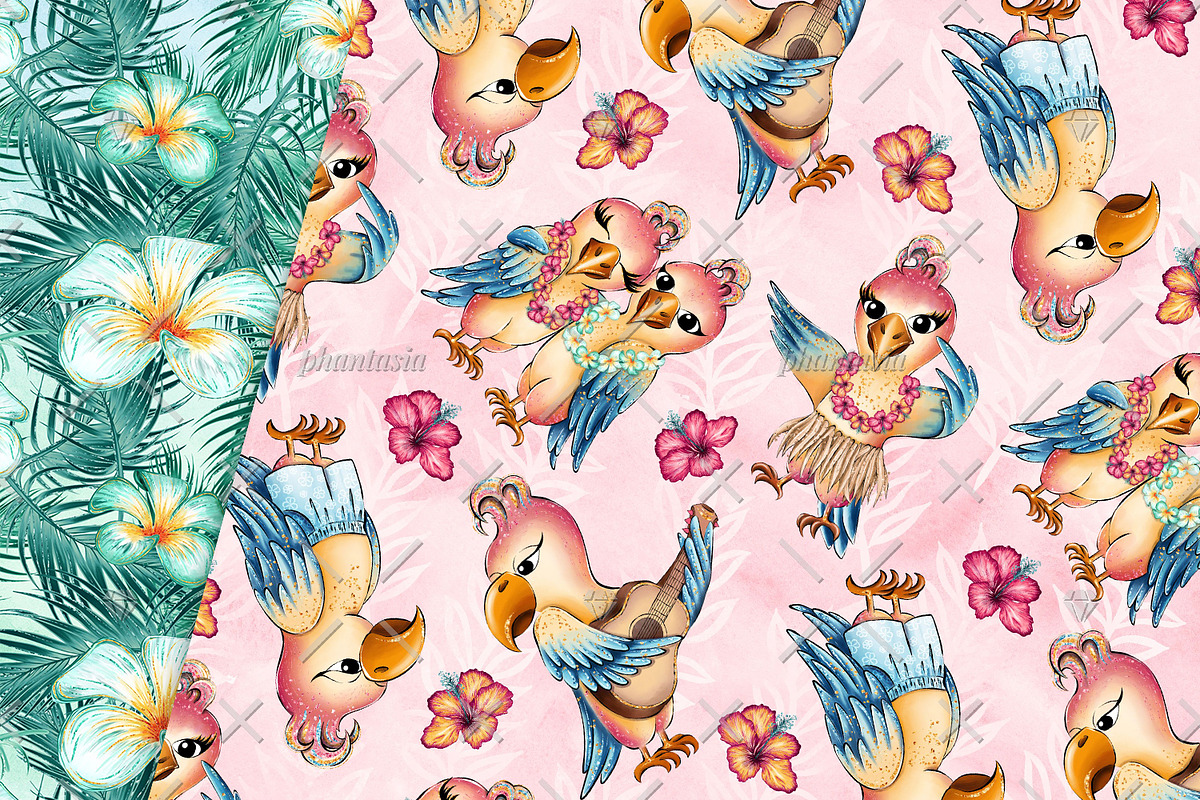 Cute Parrots Digital Papers, a Pattern Graphic by Phantasia Design (Photo 4 of 7)