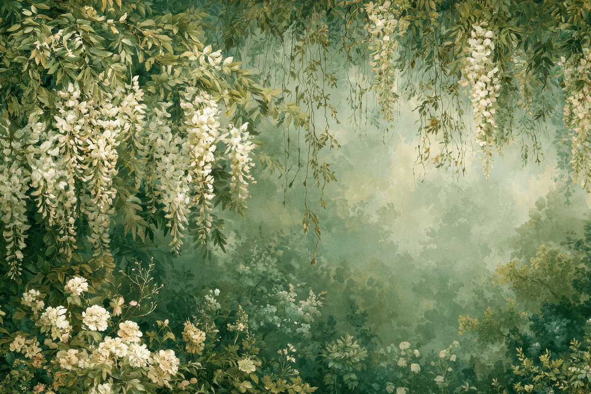Hazy Wisteria Garden Wallpaper, a Decorative Illustration by Virgo Studio