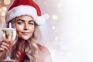Smiling girl with santa hat toasting gold and white background, a Holiday Photo by Davizro's Market