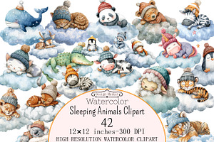 Watercolor Sleeping Animals Clipart