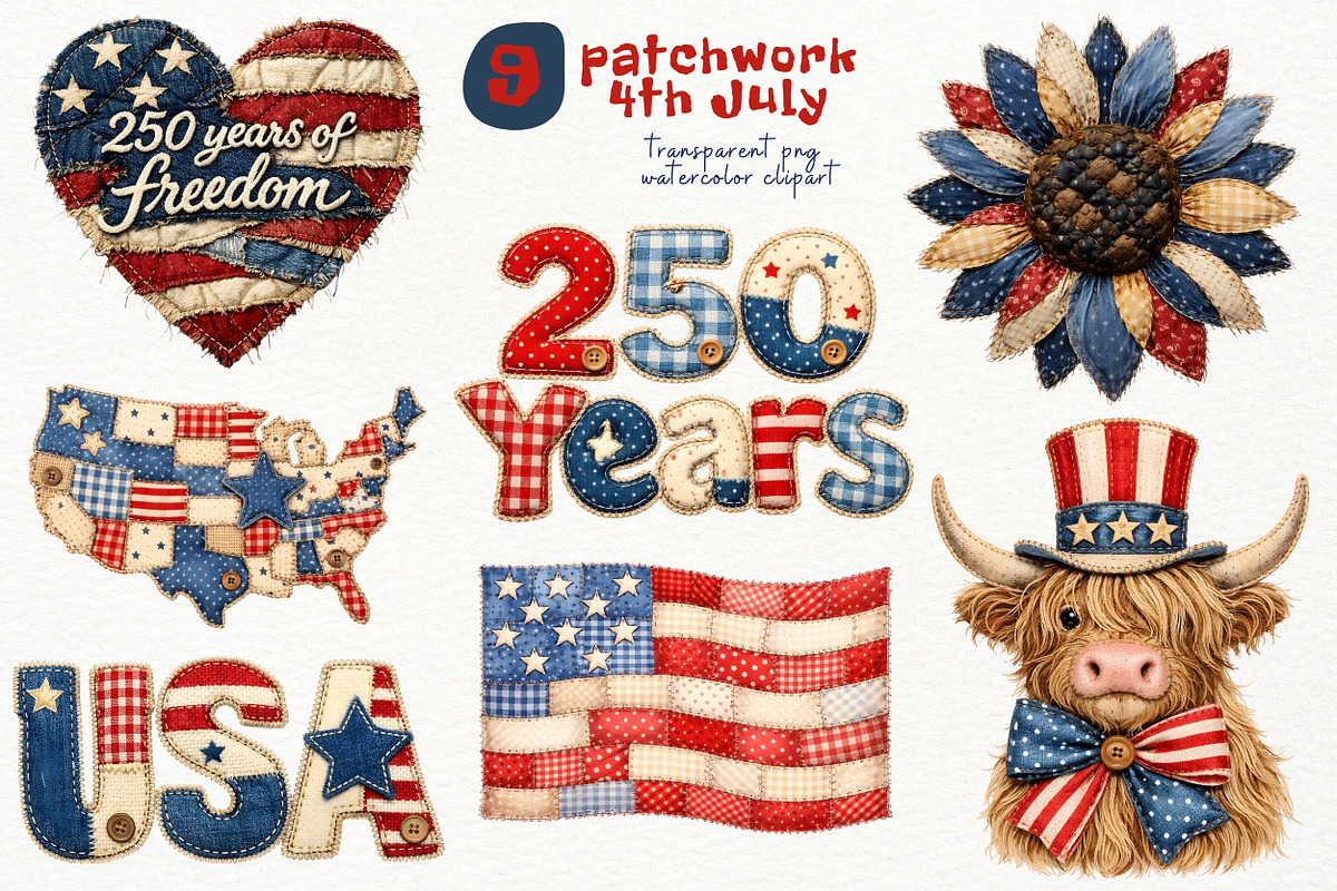 Patchwork 4th July 250 Years PNG, a Decorative Illustration by Nicolle's Colorful Art (Photo 1 of 4)