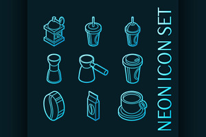 Coffee Set Icons. Blue Glowing Neon